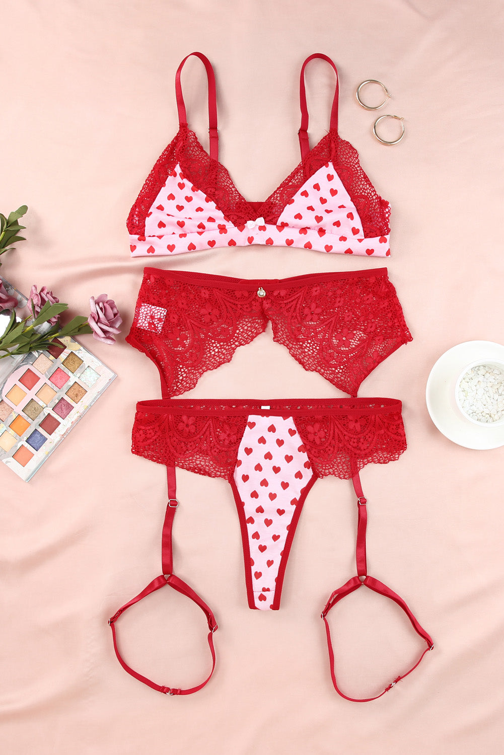 Red Lace Trim Heart Print Valentines Lingerie Set