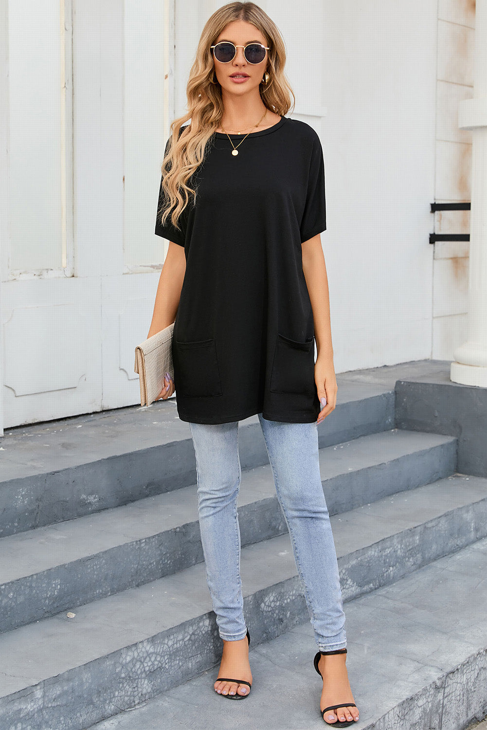 Black Side Pockets Short Sleeve Tunic Top