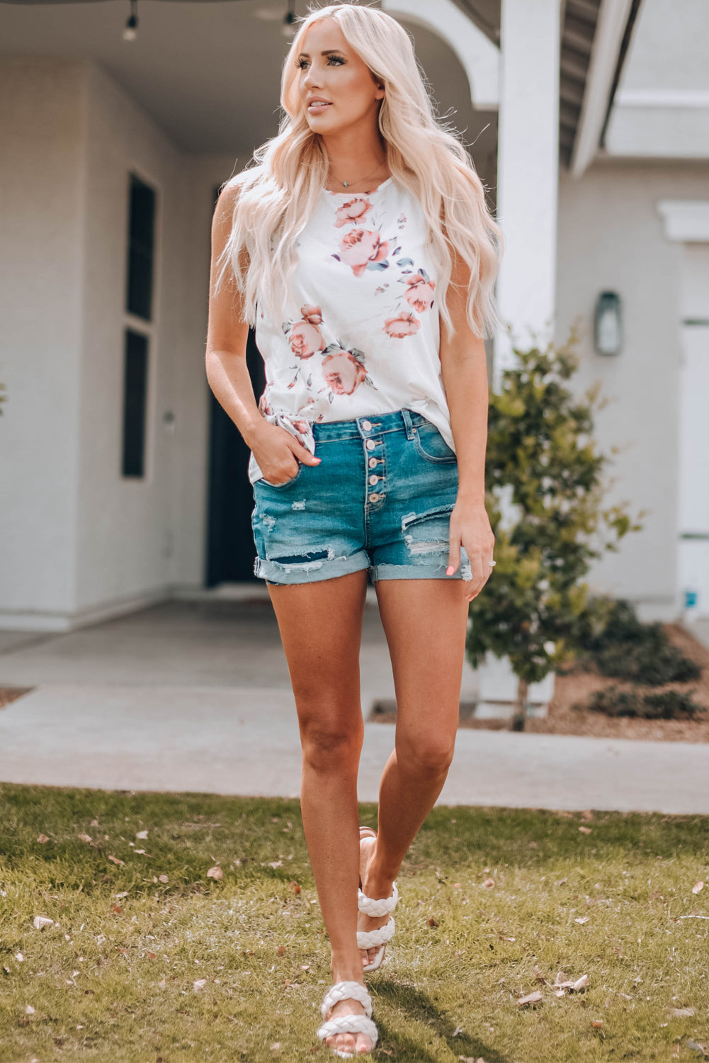 Floral Print White Tank Top