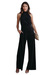 Black Button Halter Neck Keyhole Back Ribbed Jumpsuit