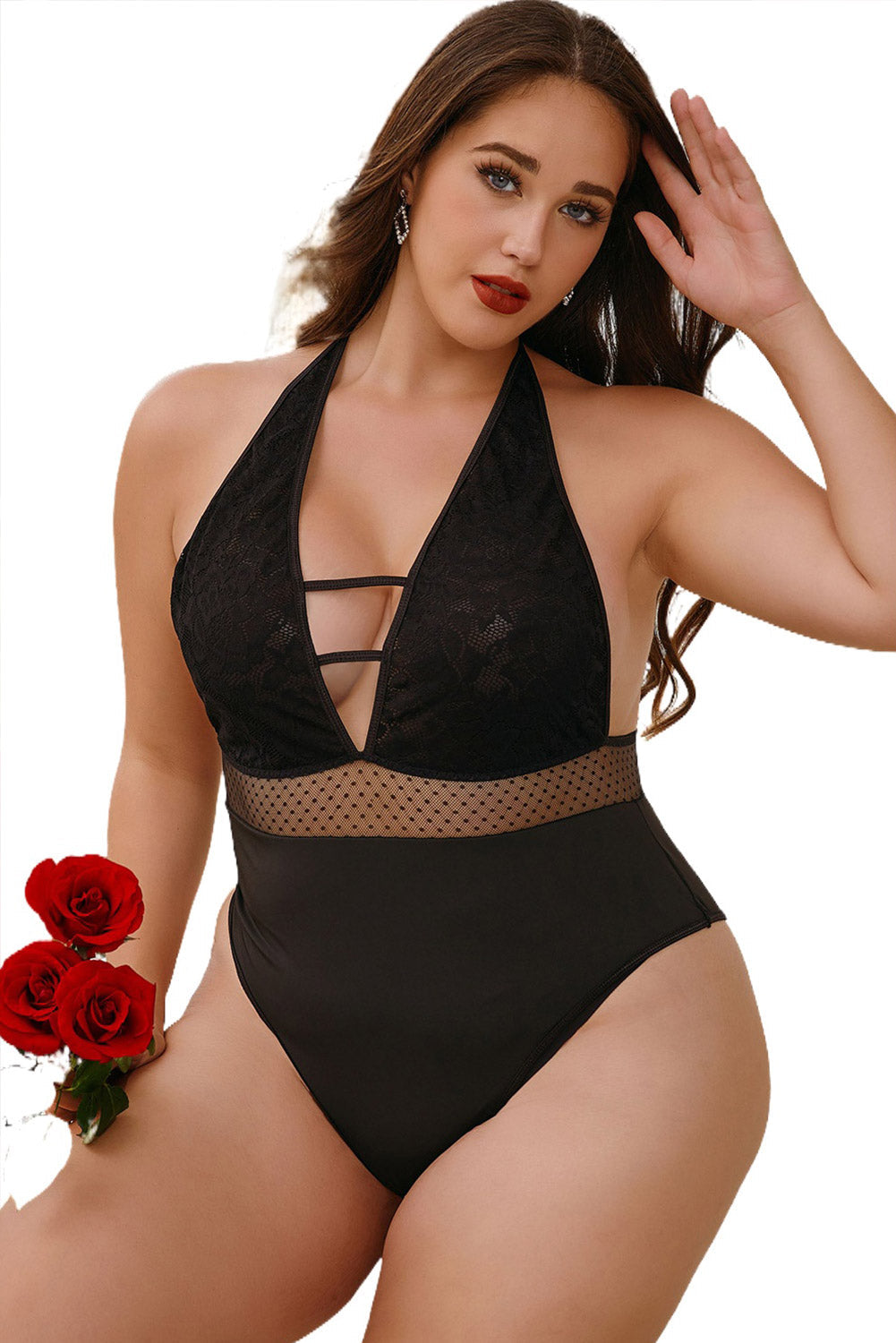 Black Dotty Mesh Floral Lace Plus Size Teddy Lingerie