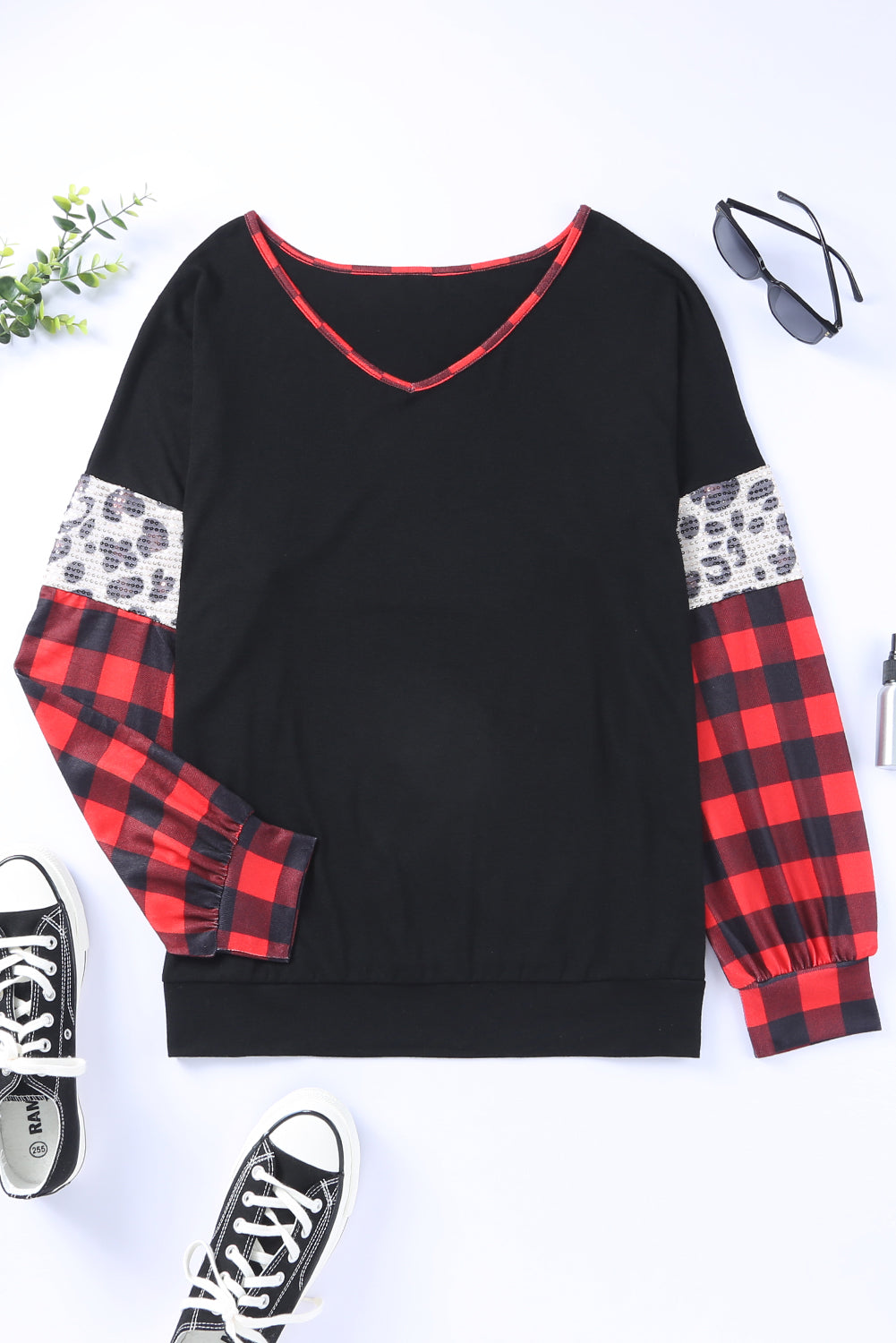 Black Sequined Leopard Insert Plaid Sleeve Plus Size Top