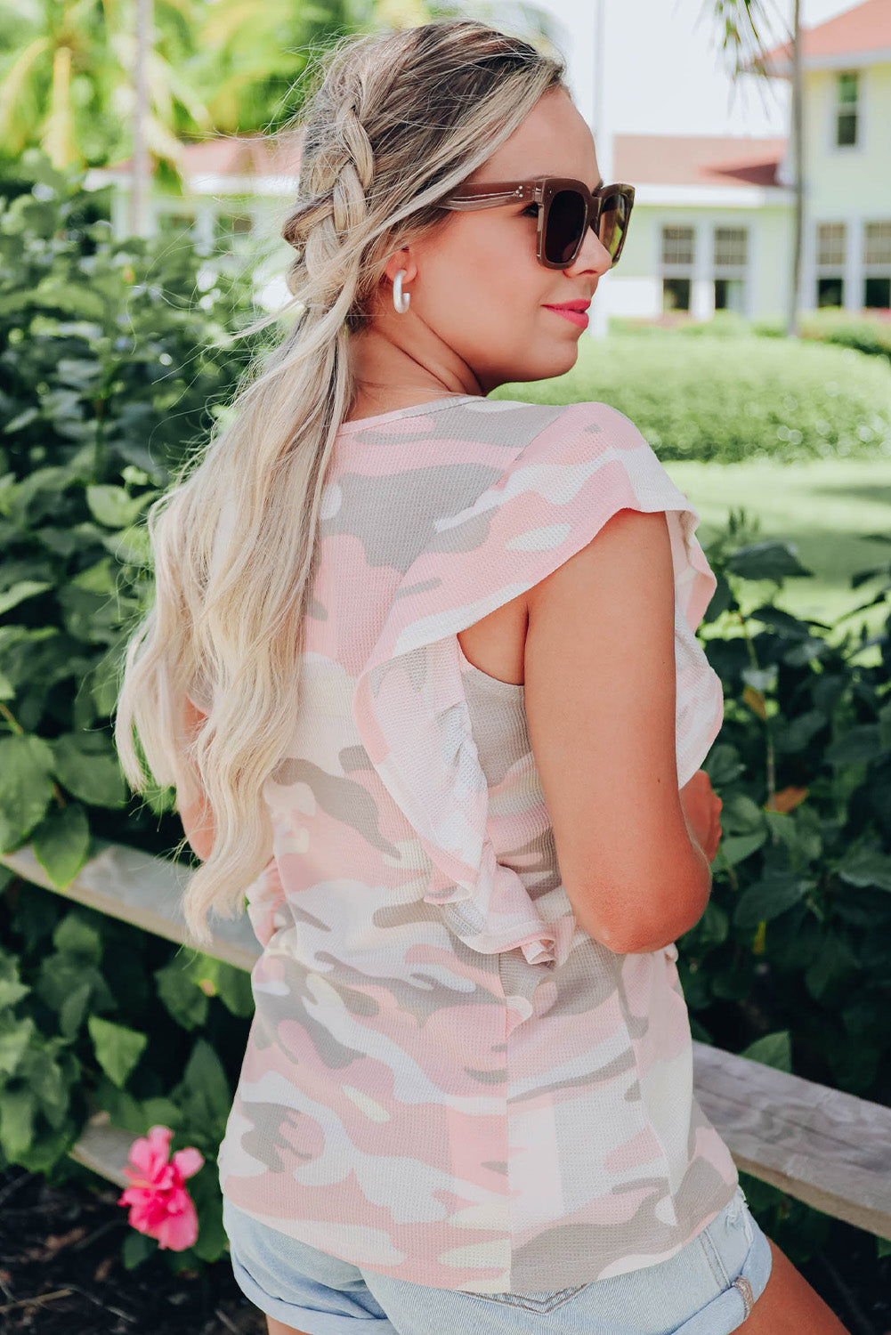 White Camo Print Ruffle Trim Tank Top