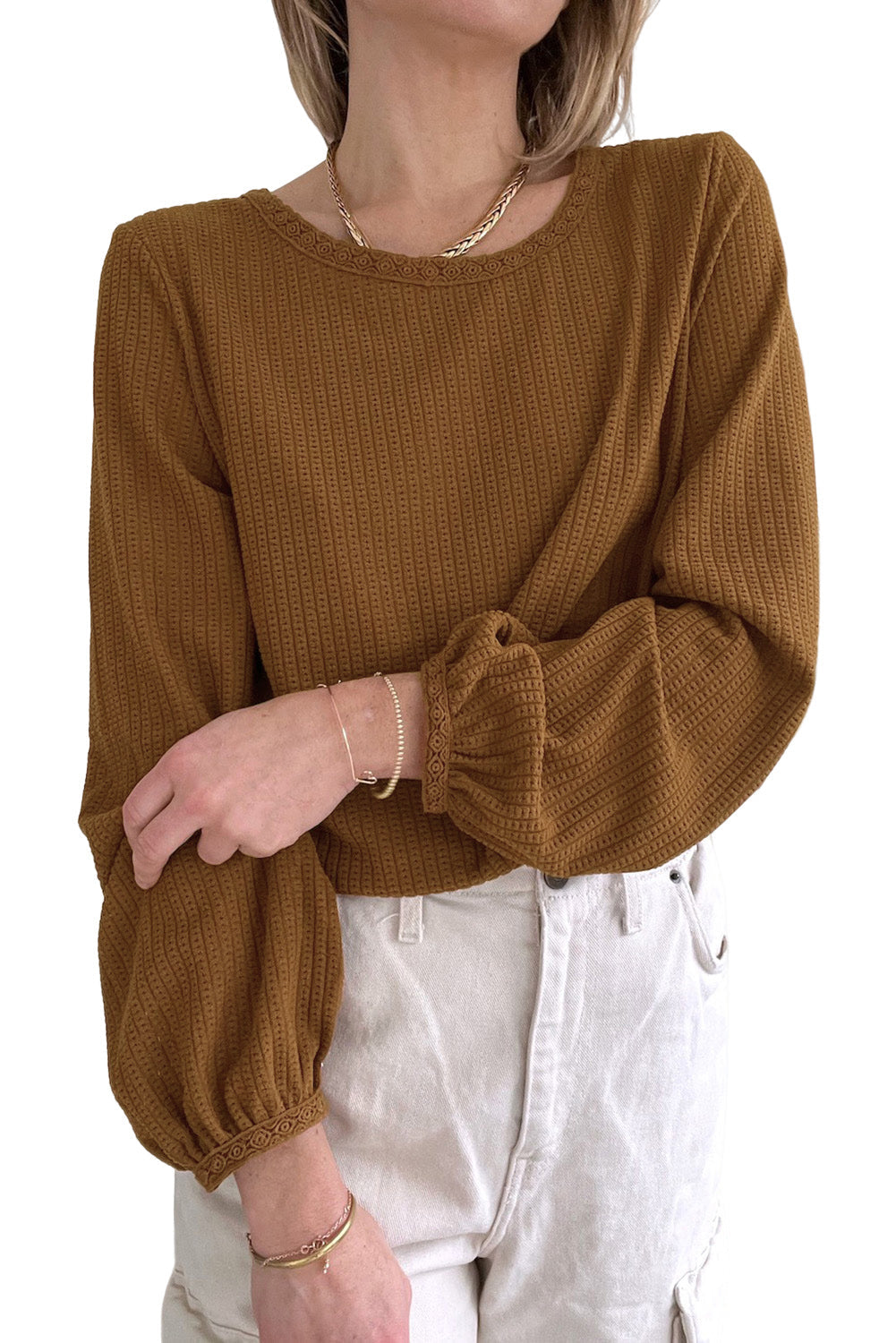 Brown Textured Round Neck Puff Sleeve Top