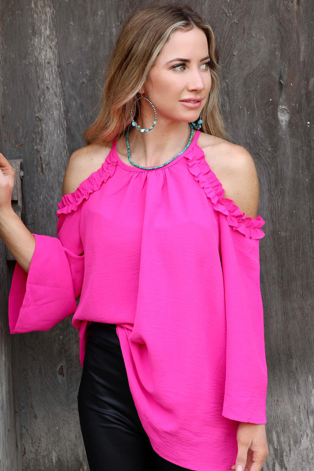 Rose Ruffled Cold Shoulder Long Sleeve Top