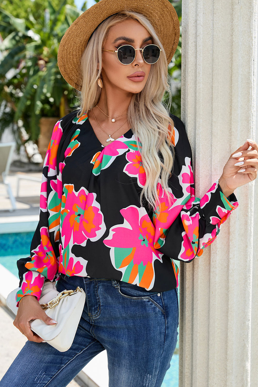 Black Flower Print Puff Sleeve Blouse