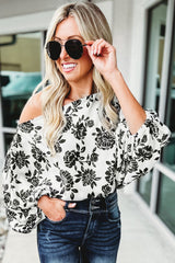 White Floral Print Cold Shoulder Loose Fit Blouse