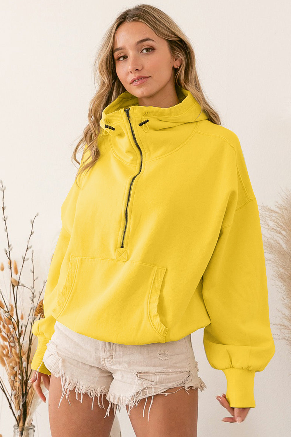 Gray Ribbed Trim Kangaroo Pocket Zipped Hoodie