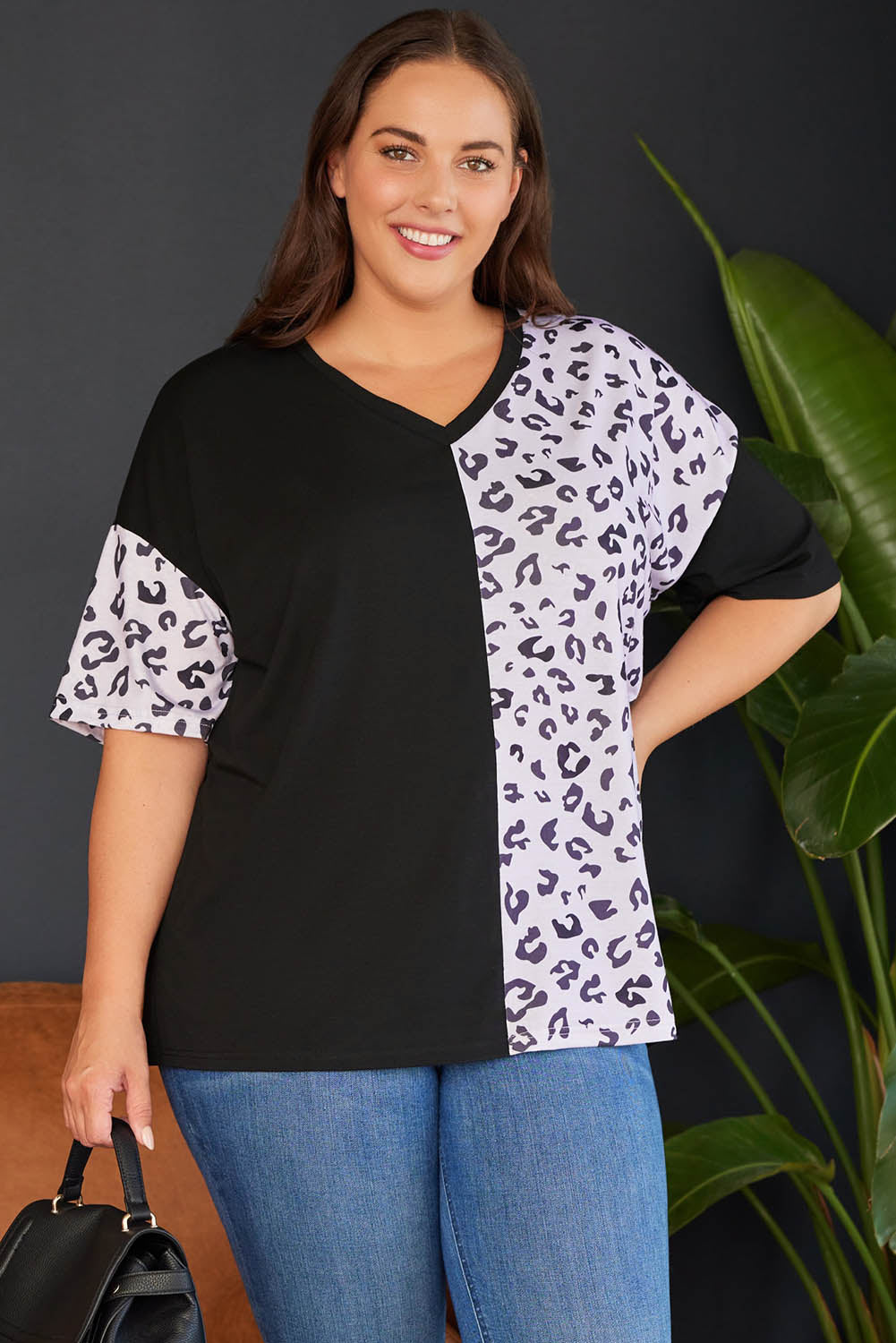 White Plus Size Leopard Patchwork Short Sleeve Top