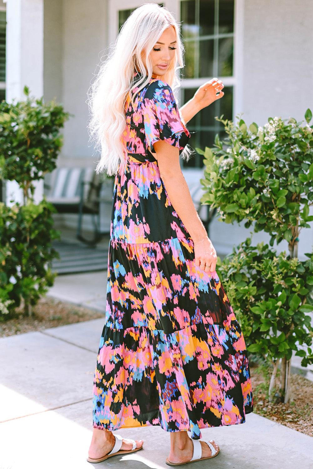 Black Smocked Tie-dye Print Midi Dress