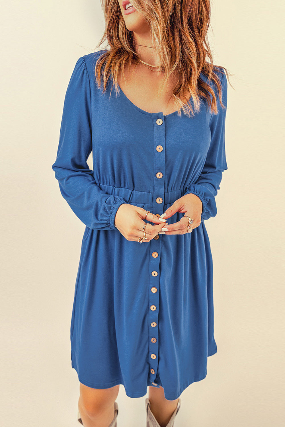 Red Button Up High Waist Long Sleeve Dress