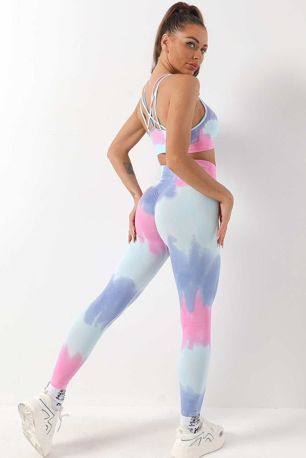 Sky Blue 2pcs Tie Dye Yoga Bra and High Waist Leggings Set