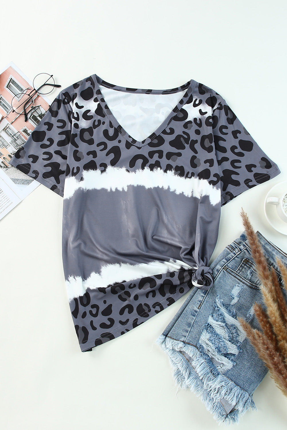 Gray Ribbed Leopard Tie Dye Snap Button Tank Top