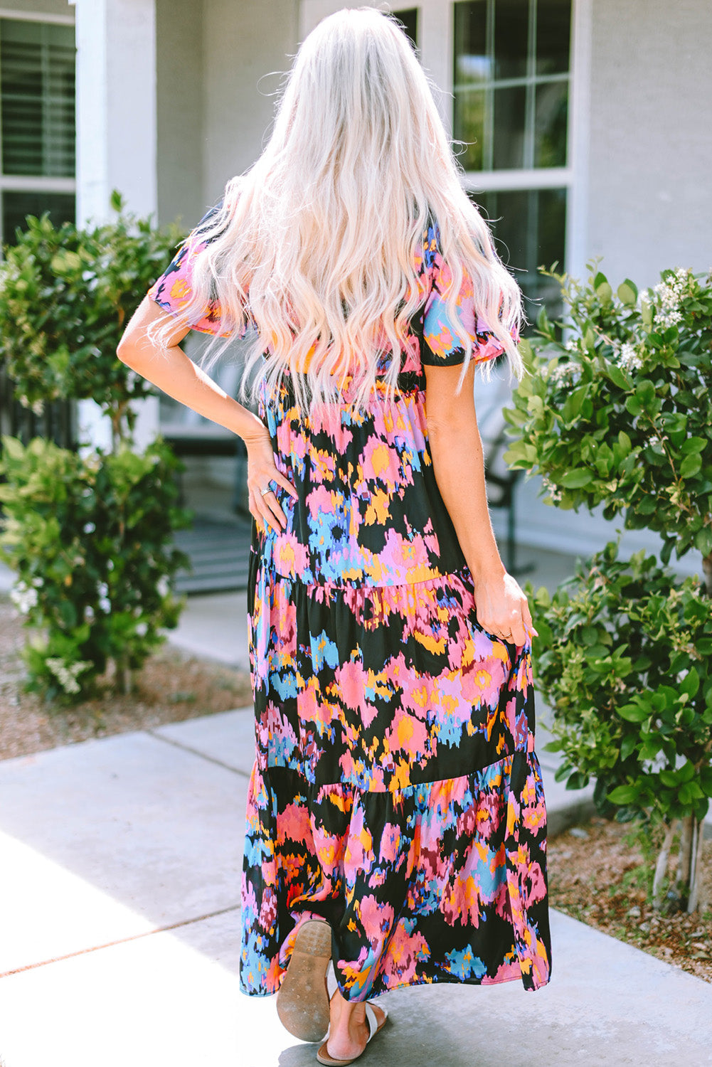 Black Smocked Tie-dye Print Midi Dress