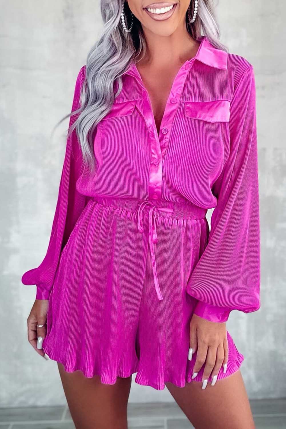 Rose 3/4 Sleeves Pleated Shirt and High Waist Shorts Lounge Set