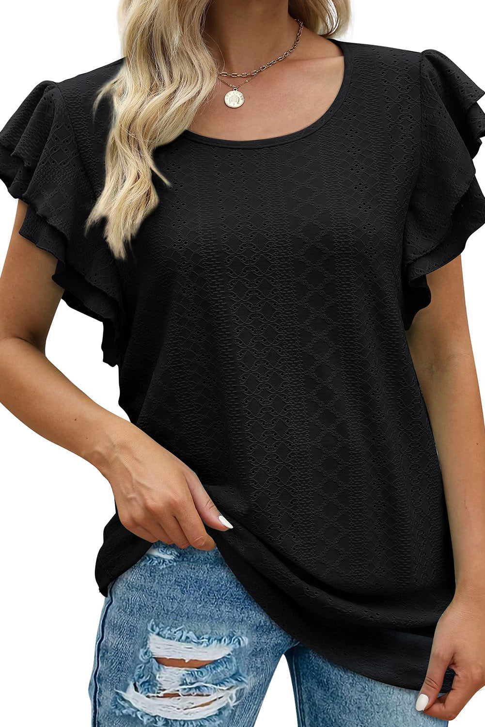 Black Rhombus Textured Ruffle Short Sleeve Blouse