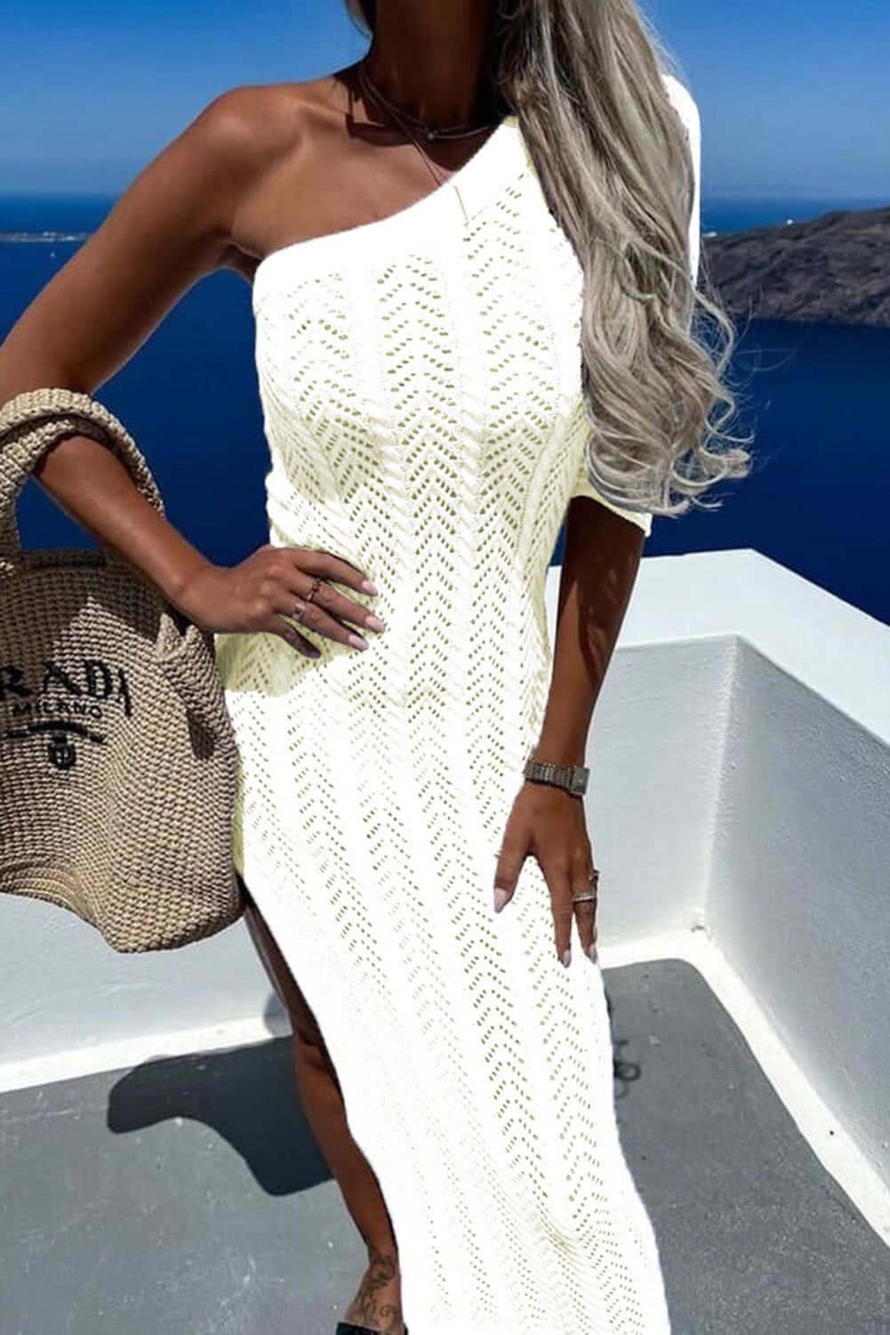 White Chevron Hollowed Knit One Shoulder Beach Dress