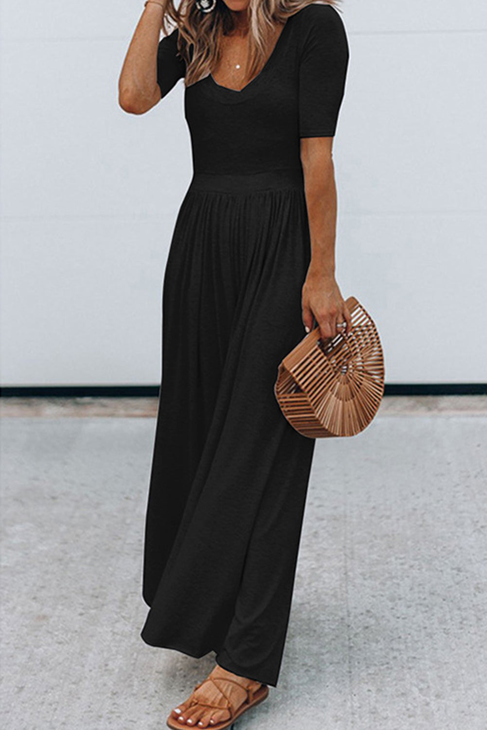 Gray Short Sleeve Bodice Flowy Wide Leg Jumpsuit
