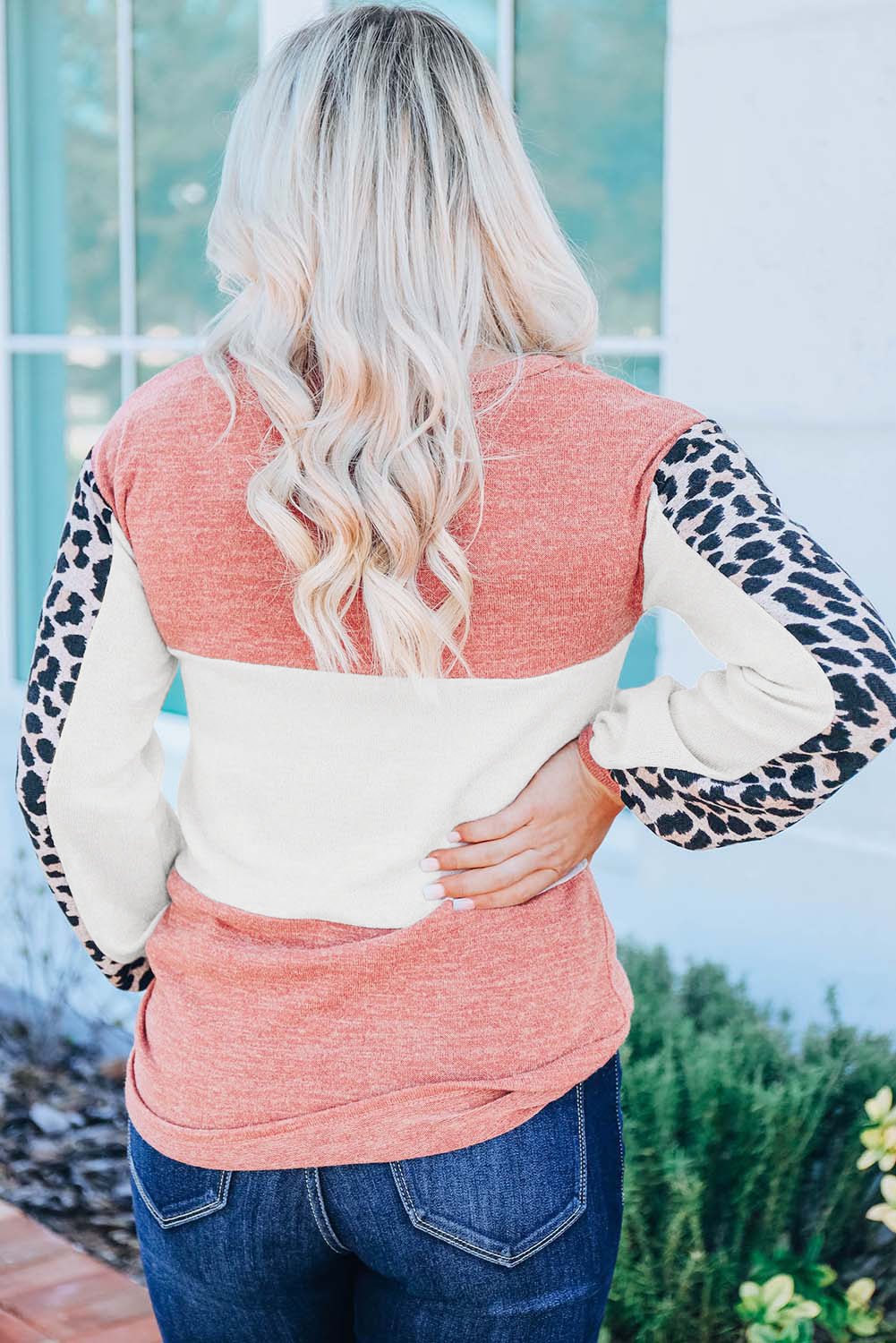 Red Leopard Color Block Knitted Long Sleeve Top