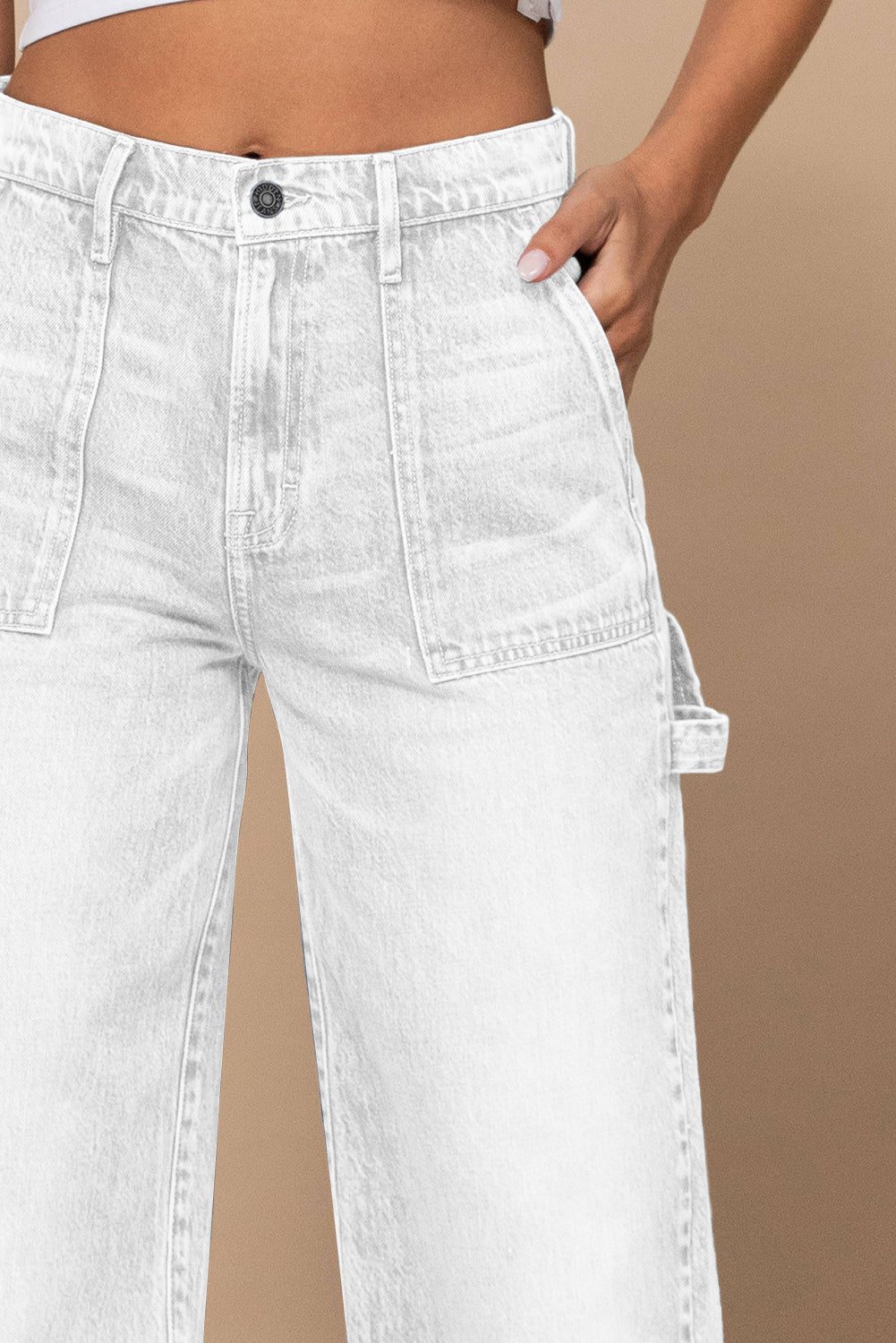 Khaki High Waist Flap Pocket Wide-Leg Jeans