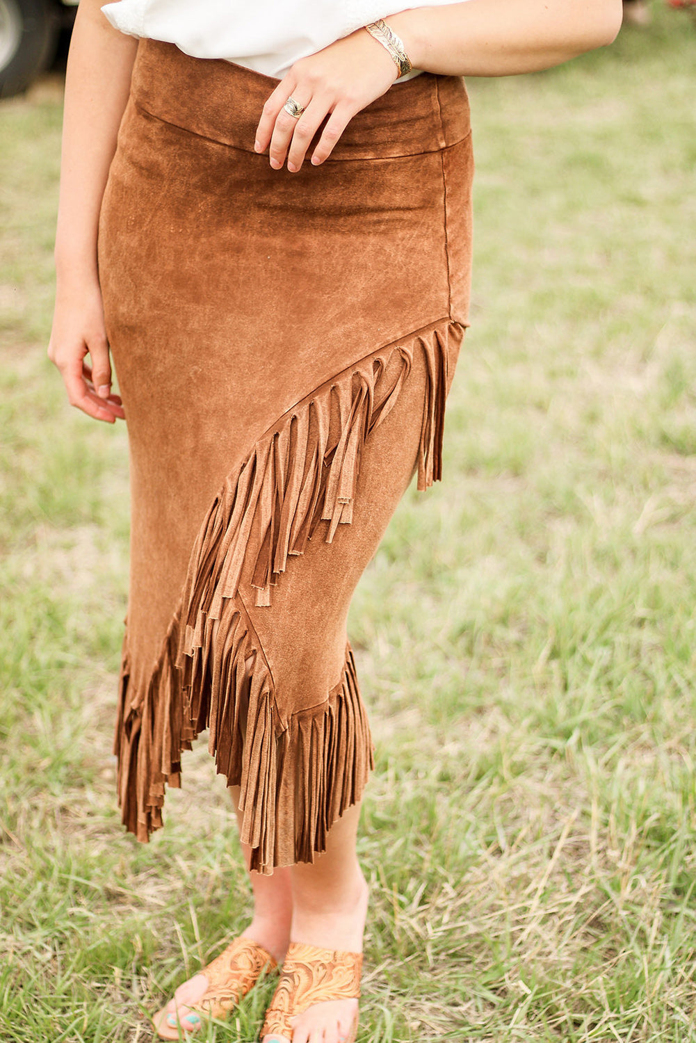 Brown Fringe Asymmetric Wrap Suede Midi Skirt