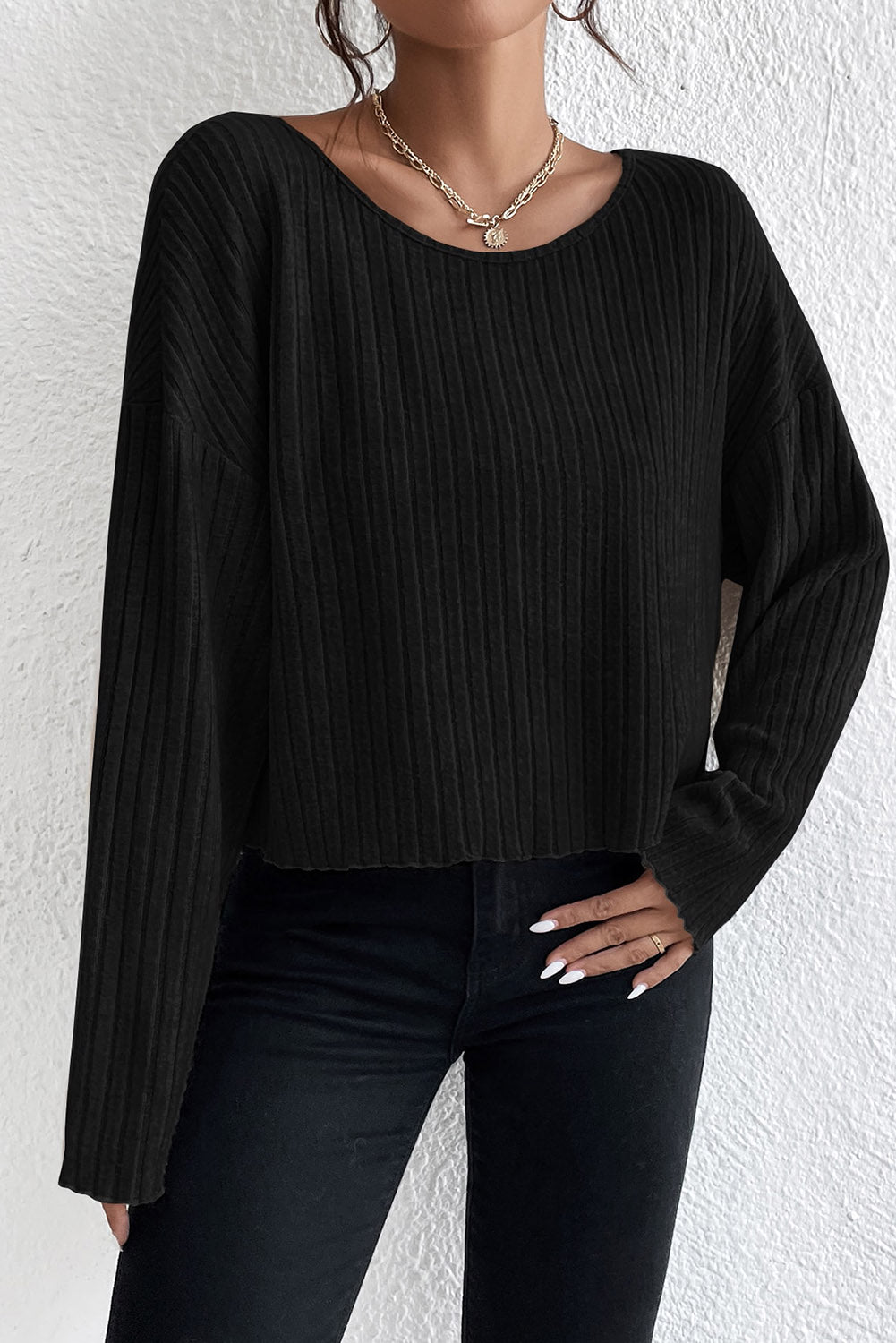 Black Lettuce Cuffs Drop Shoulder Loose Ribbed Knit Top