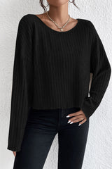 Black Lettuce Cuffs Drop Shoulder Loose Ribbed Knit Top