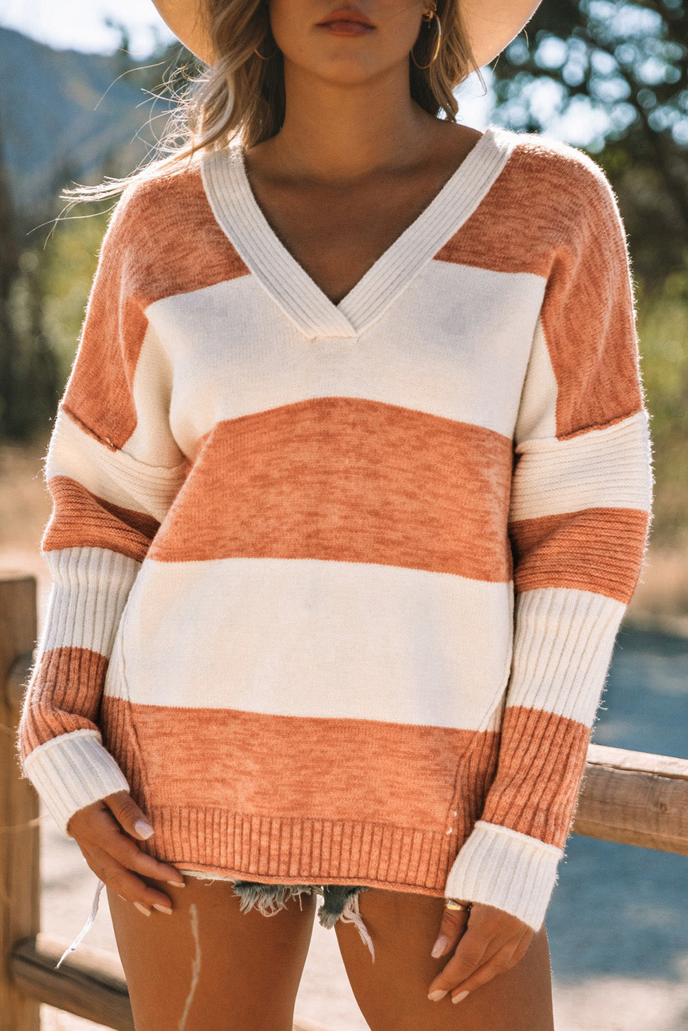 Stripe Striped V Neck Criss Cross Back Sweater