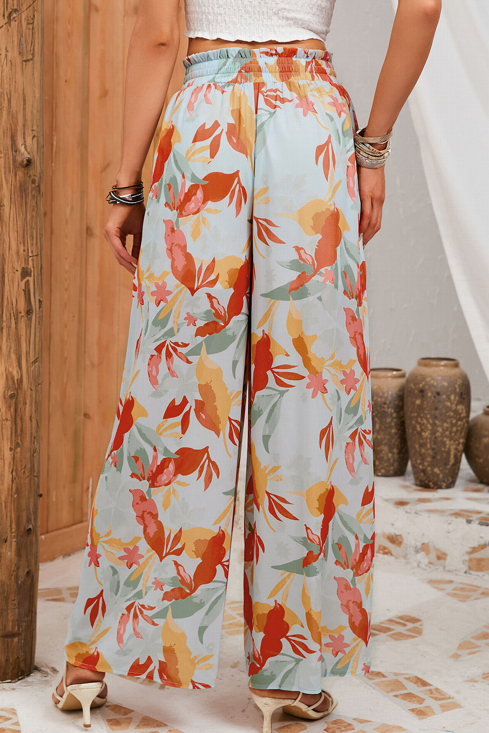 Multicolor Floral Print Drawstring Shirred High Waist Wide Leg Pants