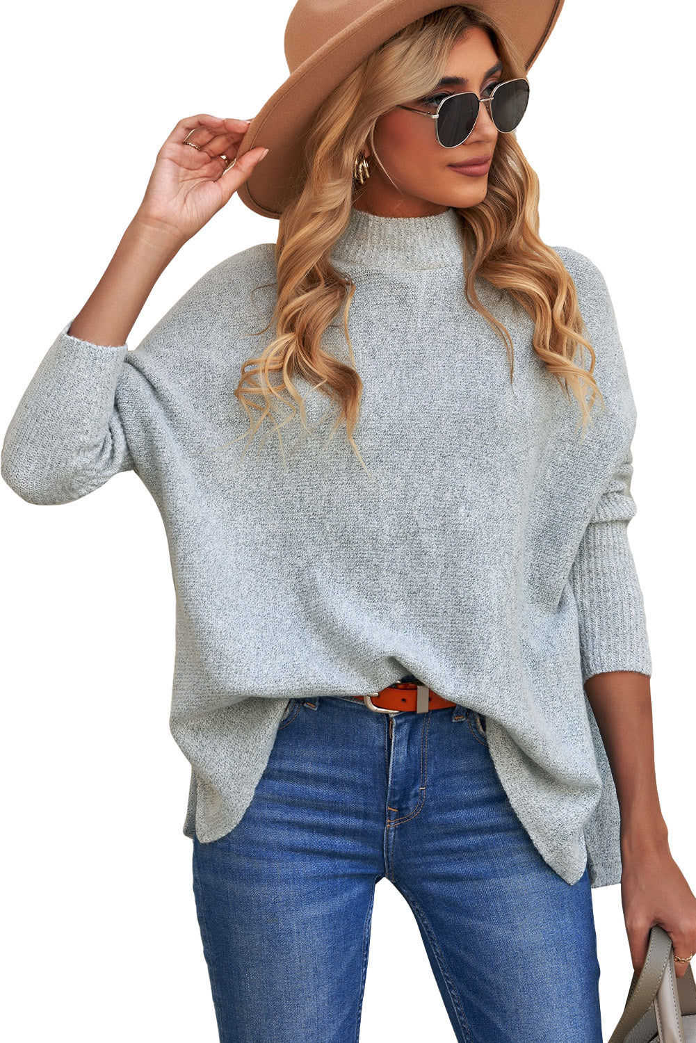 Grey High Neck Oversized Sweater with Slits