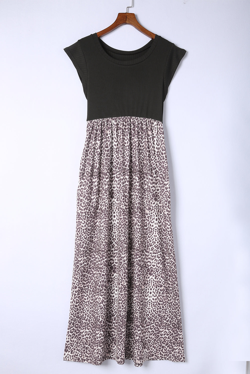 Gray Leopard Patchwork Ribbed Maxi Dress with Pockets