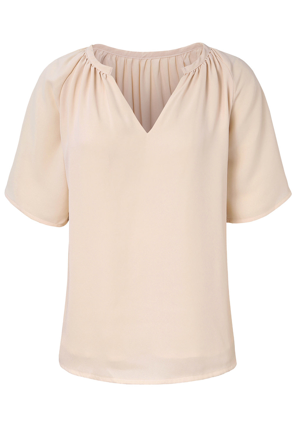 Beige Split Neck Pleated Loose Blouse