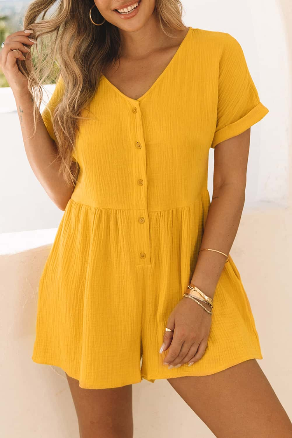 Yellow Button V Neck Crinkle Pocketed Romper