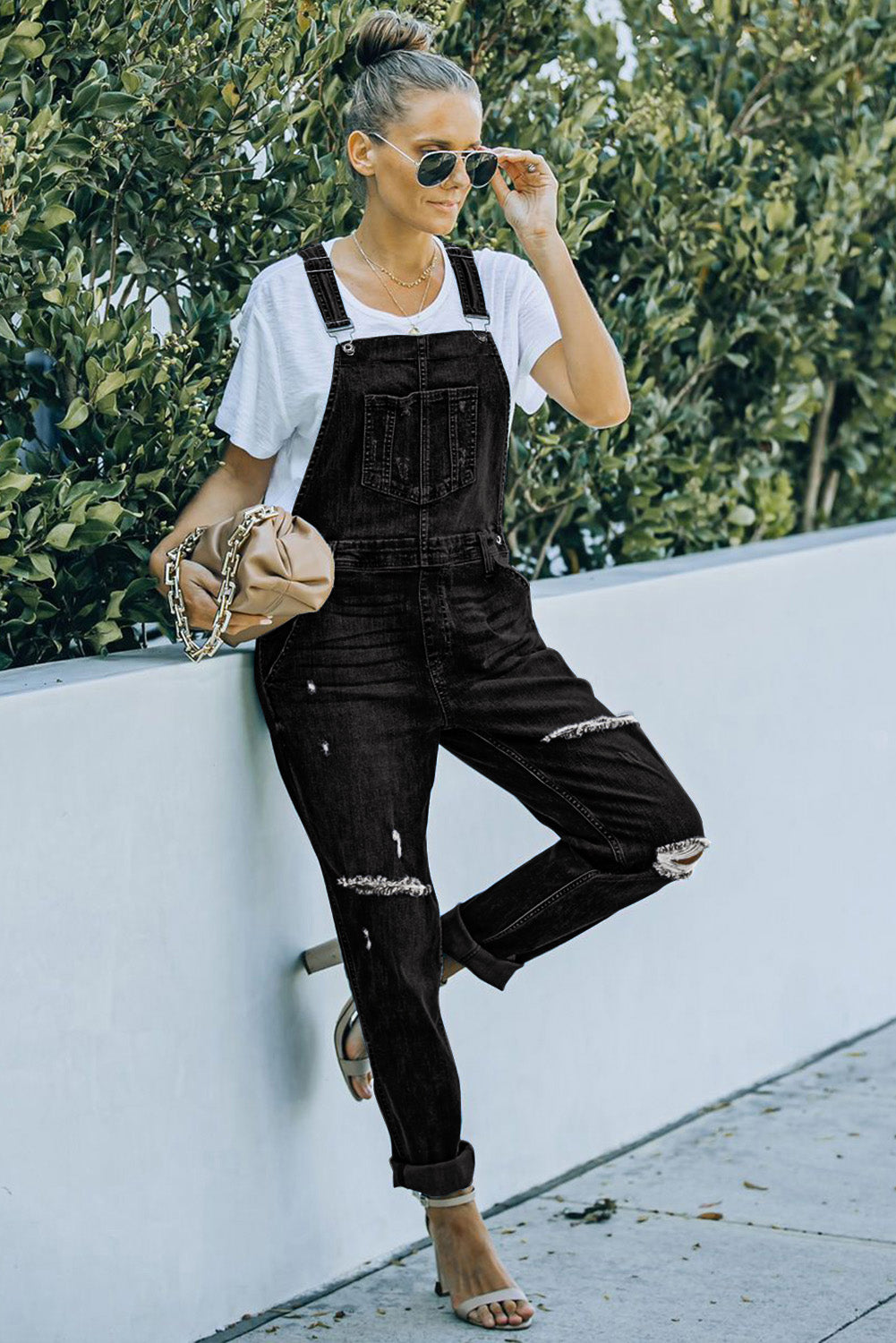 Black Distressed Bib Denim Overalls