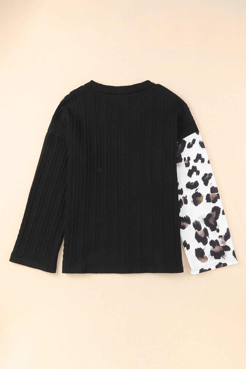 Khaki Asymmetric Leopard Patchwork Wide Sleeve V Neck Sweater