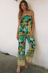 Green Boho Floral Belted Strapless Jumpsuit