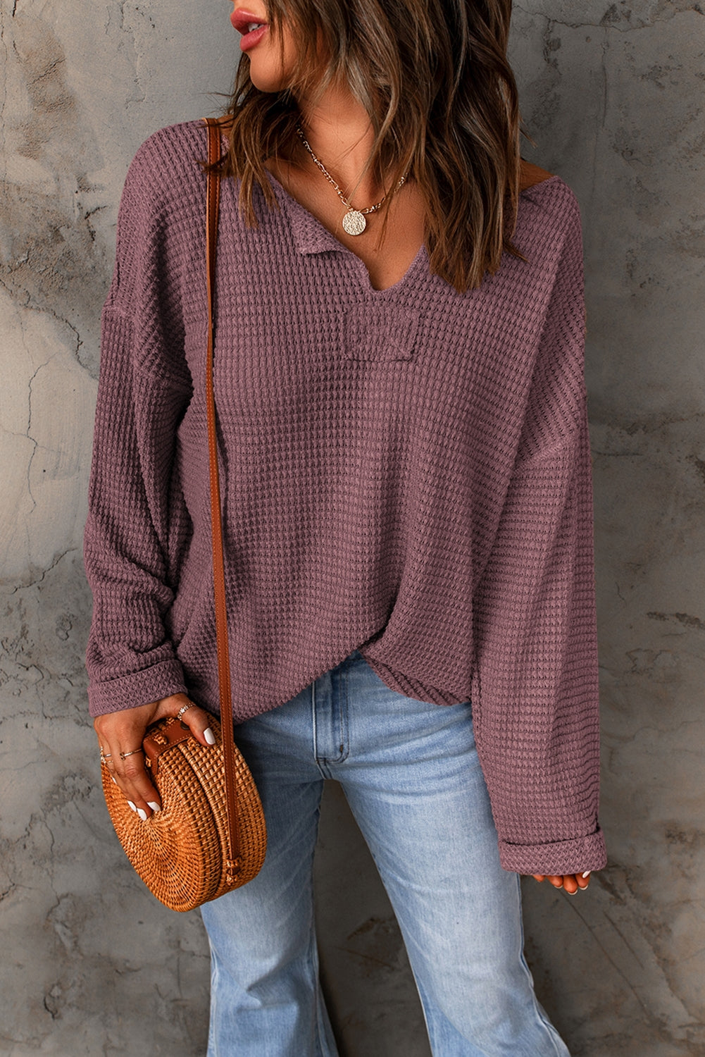 purple Waffle Knit Loose Long Sleeve Top