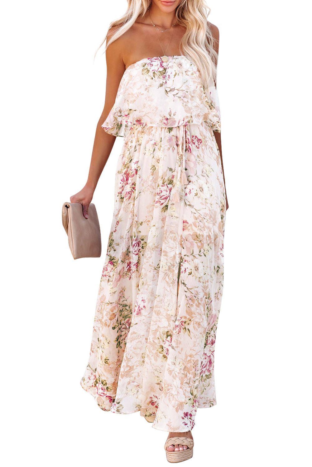 Pink Floral Print Strapless Tube Top Maxi Dress