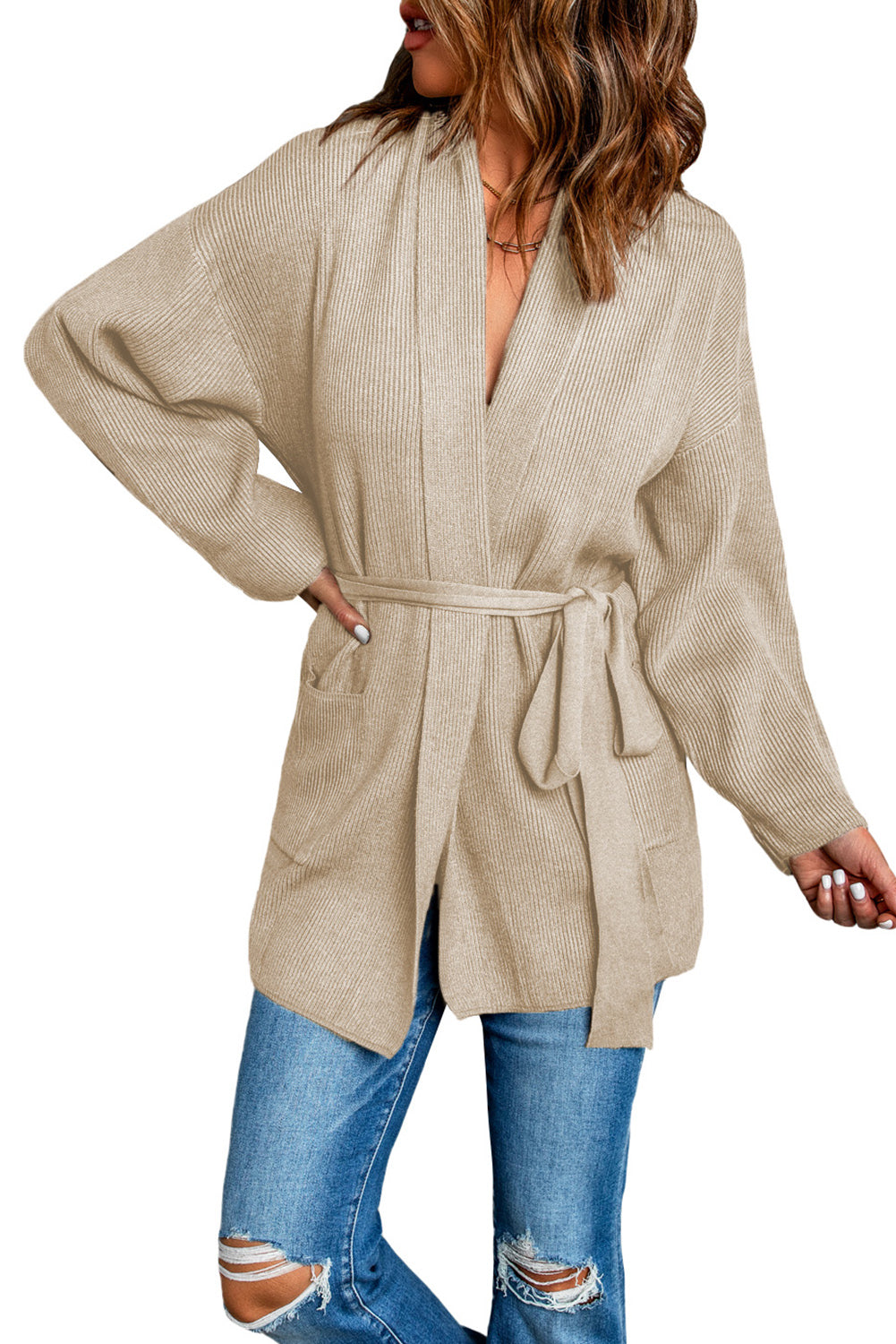Black Robe Style Rib Knit Pocketed Cardigan with Belt