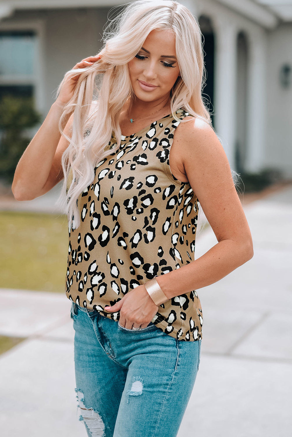 Blue Leopard Print Crew Neck Tank Top