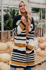 Stripe Drop Shoulder Open Front Long Cardigan