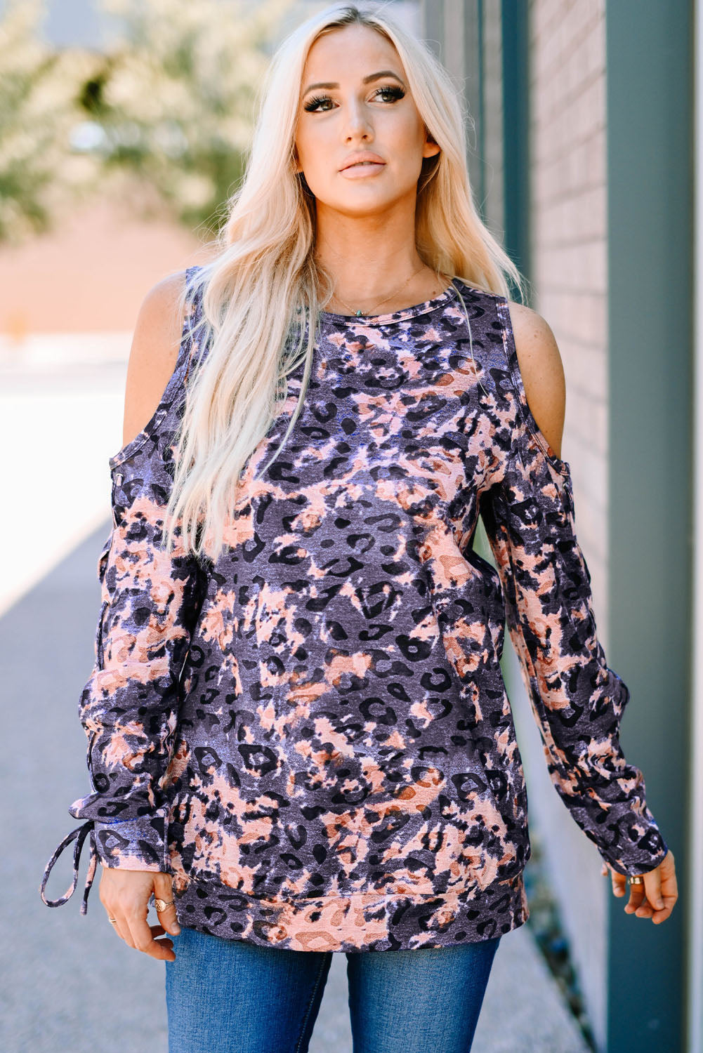 Blue Leopard Cold Shoulder Long Sleeve Top