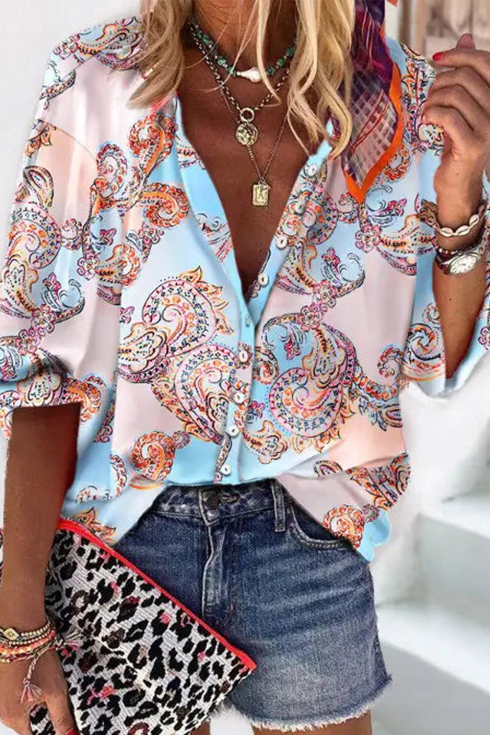 Sky Blue Boho Paisley Print Lantern Sleeve Button-Down Shirt