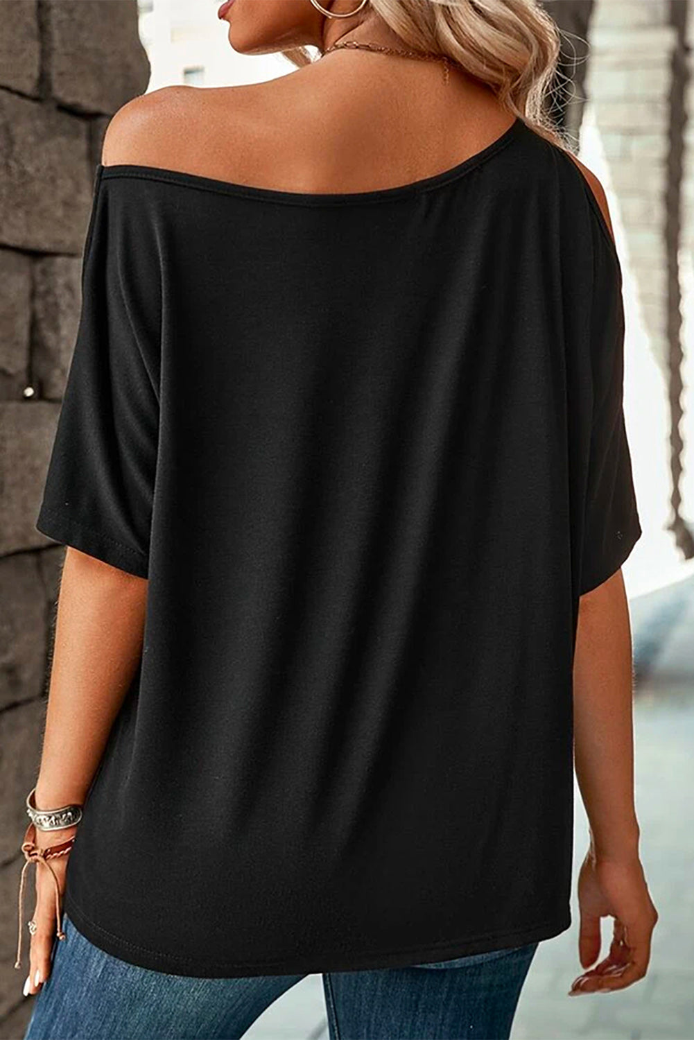 Black Solid Asymmetrical Neck Loose Casual T-Shirt