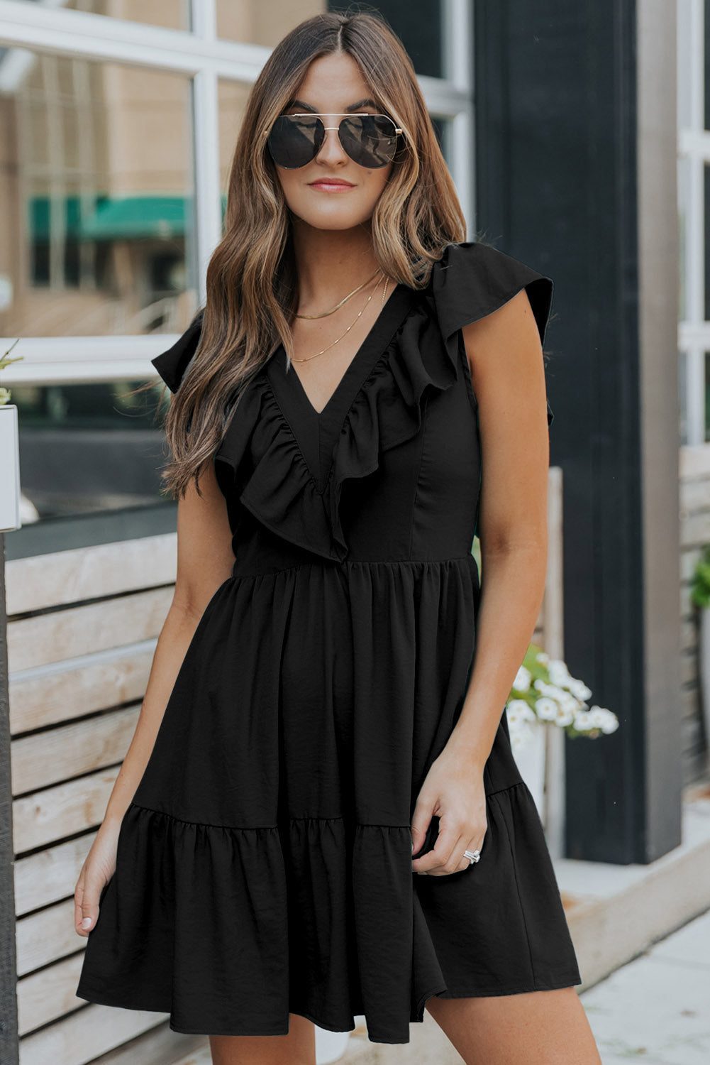 Blue Ruffle Trim V Neck Smocking Back Mini Dress