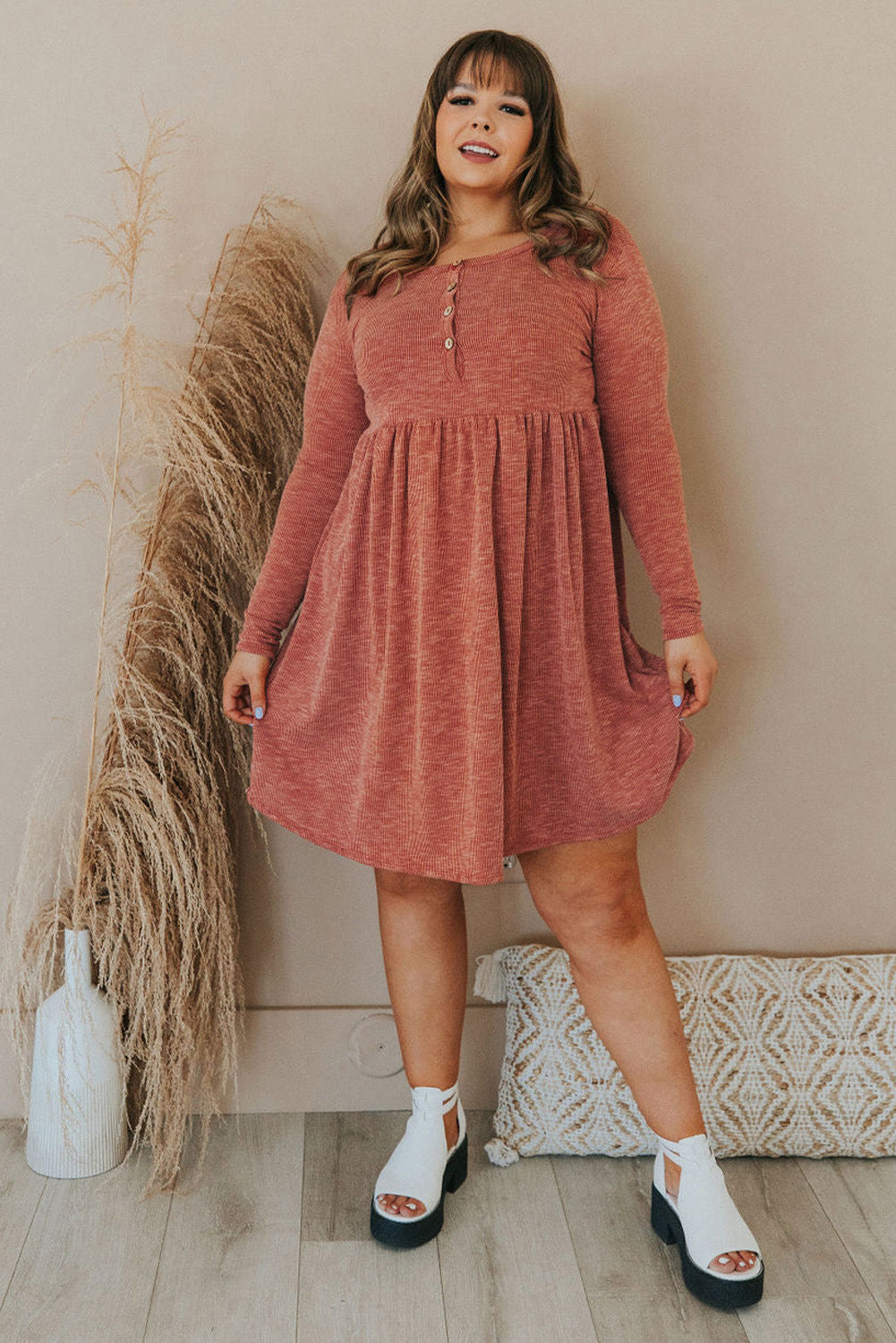 Red Plus Size Mineral Washed Ribbed Henley Dress