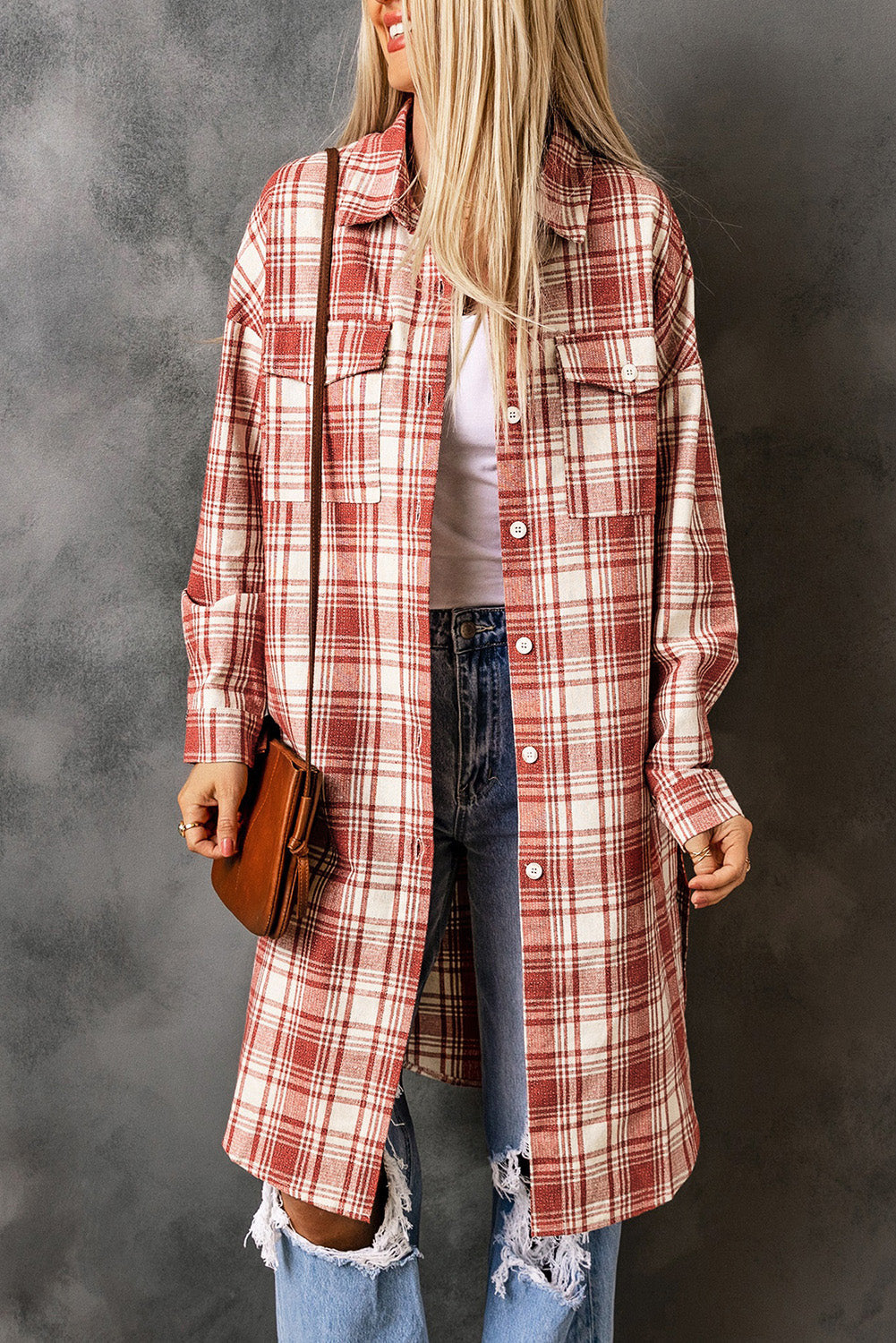 Red Plaid Print Button Long Shacket