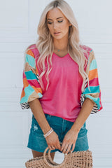 Rose Stripe Color Block Bubble Sleeve Top