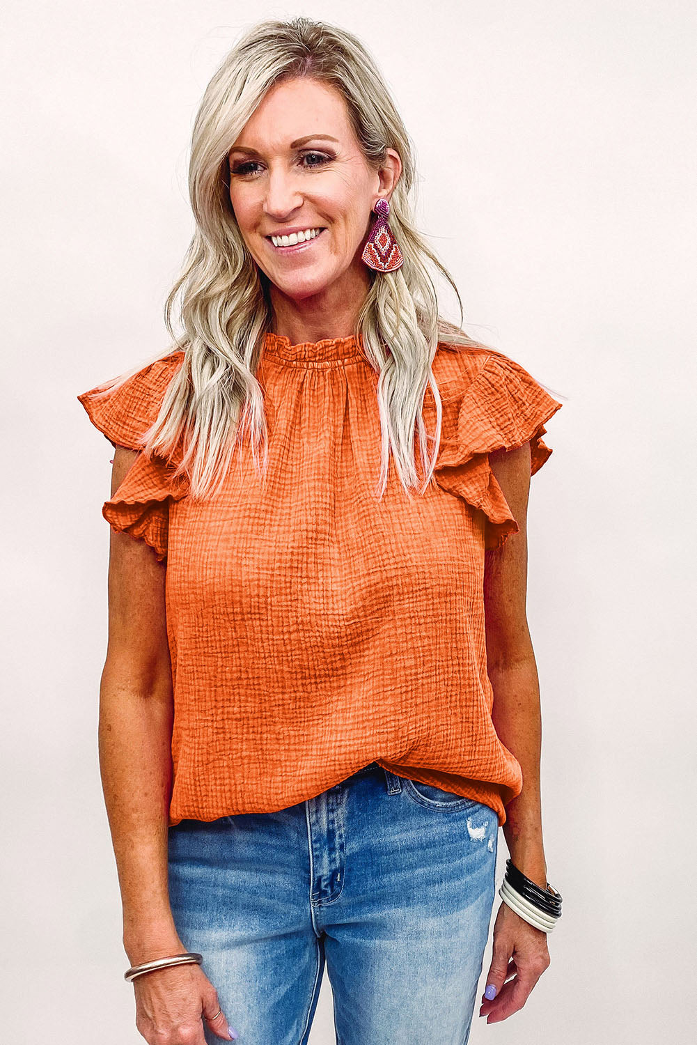 Rose Flutter Sleeve Frilled Neck Textured Blouse