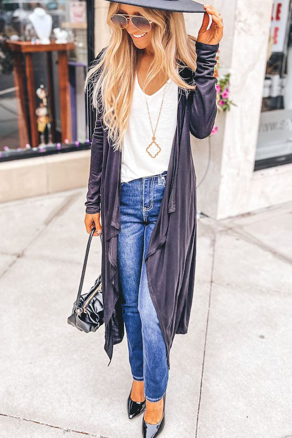 Black Draped Open Front Long Cardigan